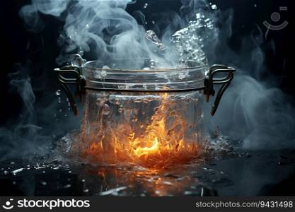 Cold clear liquid in an industrial cold gas bucket, some smoke floating from cold liquid, simple, realistic, cold, modern,created by AI