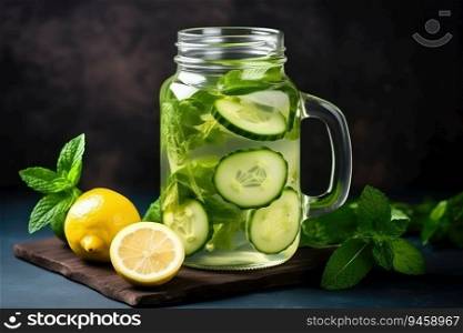 Cold drink with cucumber and lime. Infused cucumber drink with mint. Detox water.