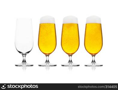 Cold elegant glasses of lager beer with isolated on white background with empty glass