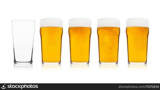Cold elegant glasses of lager beer with isolated on white background with empty glass