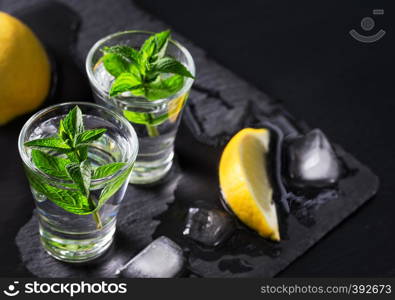 Cold gin or vodka with melted ice and lemon on a black background. Alcohol cocktail with citrus and mint. Copy space. Cold gin or vodka with melted ice and lemon