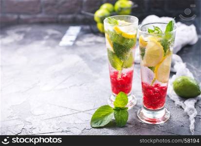 cold lemonad with raspberry in the glasses