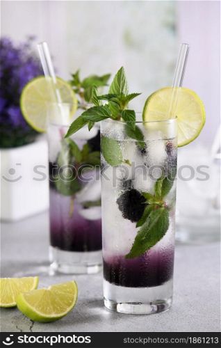 Cold refreshment organic non-alcohol cocktail Blackberry mojito with berry fruit in glass