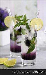 Cold refreshment organic non-alcohol cocktail Blackberry mojito with berry fruit in glass