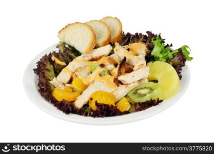 Cold salad with smoked chicken, fruit and bread on a white background.