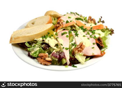 Cold salad with smoked chicken strips and pineapple on a white background.