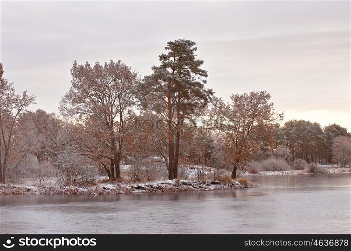 Cold snowy morning on the lake. Late autumn. Trees on lakeside in autumn