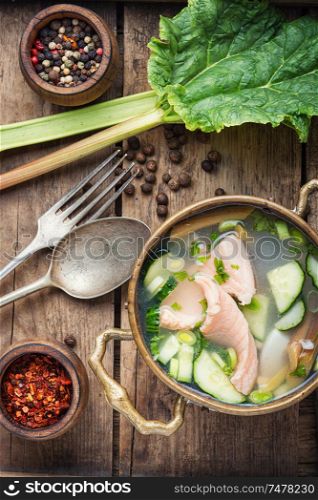 Cold soup with rhubarb and fish.Summer cold soup.. Soup with rhubarb and fish