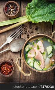 Cold soup with rhubarb and fish.Summer cold soup.. Soup with rhubarb and fish