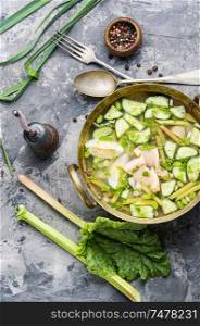 Cold soup with rhubarb and fish.Summer cold soup.. Vegetable soup with fish