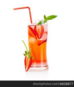 Cold strawberry drink isolated over white background, refreshing summer beverage, red fruity cocktail with mint, glass of fresh juice