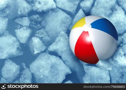 Cold summer weather concept with a plastic inflatabe beach ball stuck in frozen ice in a freezing pool as a symbol of leisure activity problems caused by colder temperatures during vacations and family holidays.