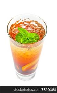cold tea with ripe ginger, lemon, mint and ice on white