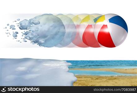 Cold to hot weather concept as a freezing winter snowball transforming into a summer beach ball as a season change or temperature changing metaphor with 3D illustration elements.