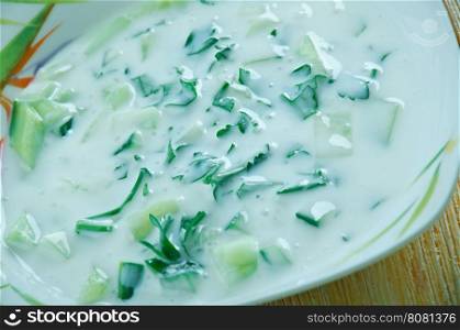 Cold yoghurt and herb soup Ovdukh. Azerbaijan cuisine