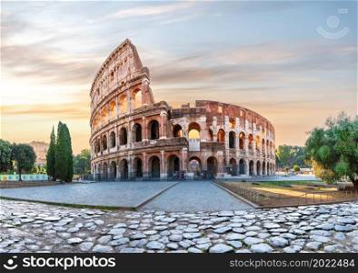 Coliseum in Rome at sunrise, the main summer view, Rome, Italy.