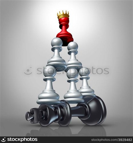 Collaboration strategy and team victory as a business concept with a chess game metaphor for changing market leadership by teaming up in partnership and working together to dominate a powerful competitor.