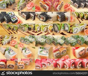 Collage Asian food sushi on wooden plate