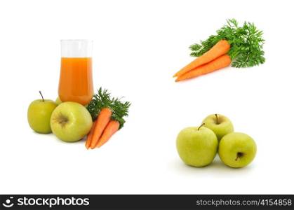 collage Carrot juice with apples and carrots on a white background