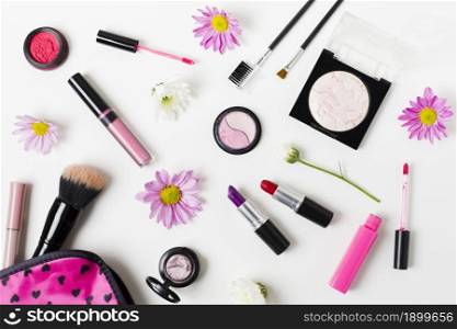 collage feminine colourful cosmetics white desk. Resolution and high quality beautiful photo. collage feminine colourful cosmetics white desk. High quality beautiful photo concept