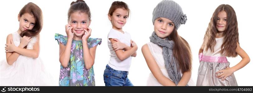 Collage, five happy little girls, isolated on white background