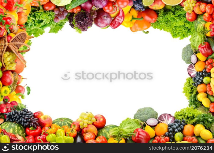 Collage fresh and healthy vegetables and fruits in form frame isolated on white background. Free space.