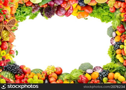 Collage fresh and healthy vegetables and fruits in form frame isolated on white background. Free space.