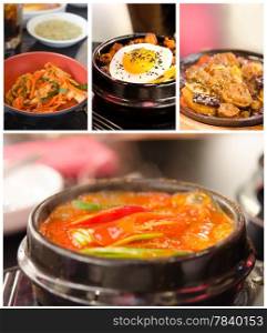 Collage from photographs of korean cuisine (kimchi chigae, jim dak, bibimbap, kimchi)
