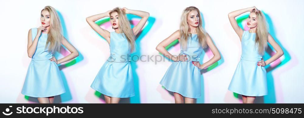 Collage group of beautiful young women. Blonde young woman in elegant blue dress. Girl posing on a white background. Fashion photo