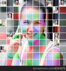 Collage, Happy beautiful girl calling by phone