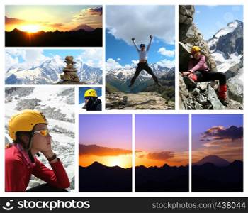 collage - mountains and hikers with blue sky in the background.