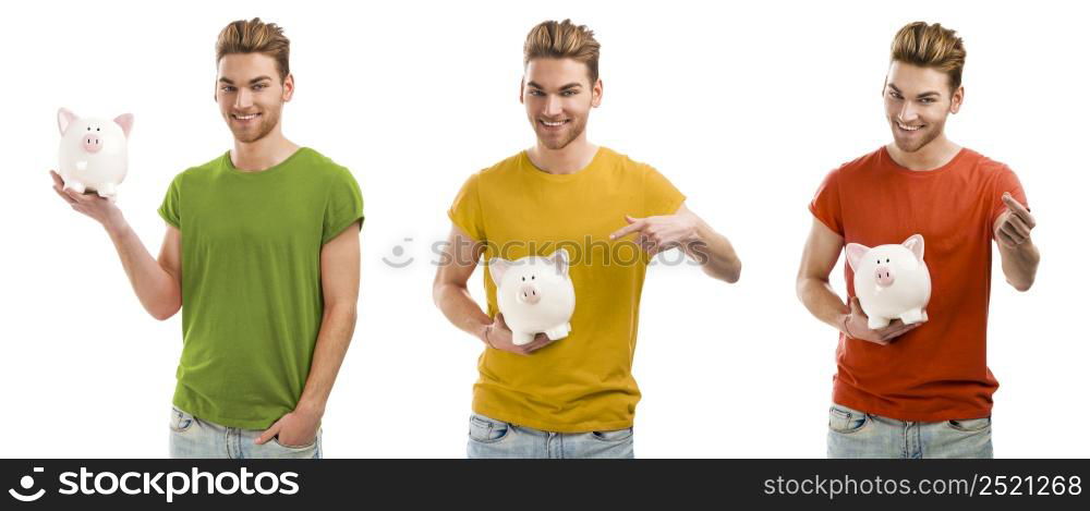 Collage of a young man holding a piggybank and smiling, isolated over a white background