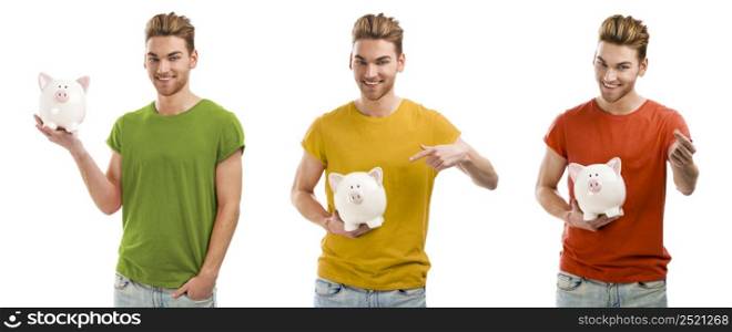 Collage of a young man holding a piggybank and smiling, isolated over a white background