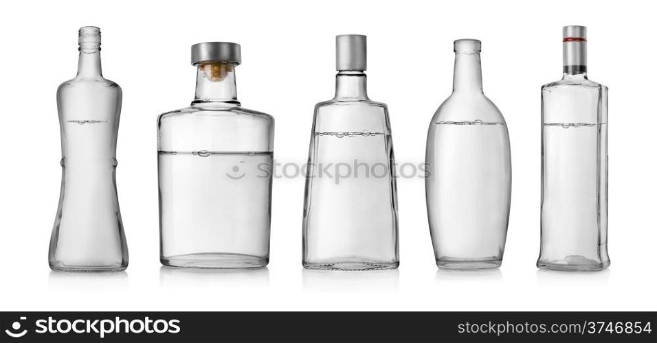 Collage of bottles of vodka isolated on a white background