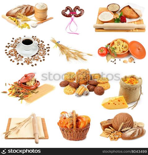 collage of bread, pasta, cakes and biscuits isolated on white background