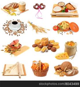 collage of bread, pasta, cakes and biscuits isolated on white background