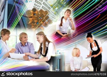 collage of business persons with business and financial symbols