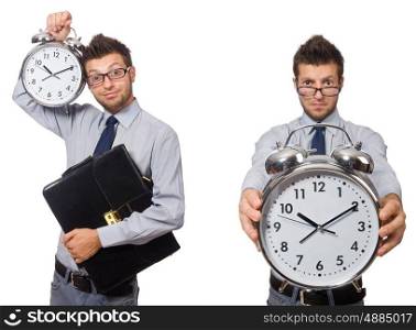 Collage of businessman with clock on white