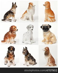 Collage of ceramic statues of dogs. Different breeds of dogs