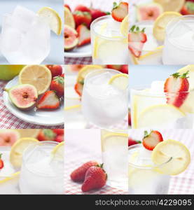 collage of cocktail with ice,lemon, fig and strawberries on a plate