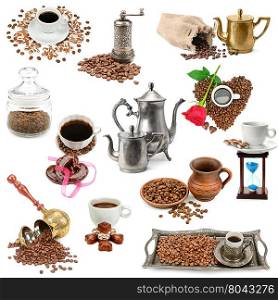 collage of coffee beans and kitchen utensils, objects isolated on white background