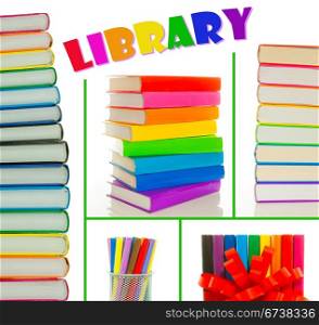 Collage of colorful books&rsquo; stacks on the white background