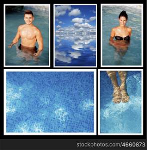 Collage of couple of young people in the pool
