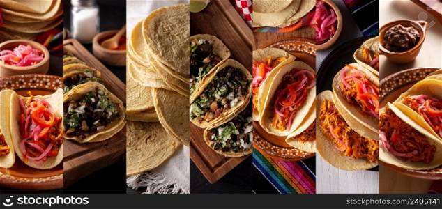 Collage of different assortment of mexican Tacos, street food made with corn tortillas.