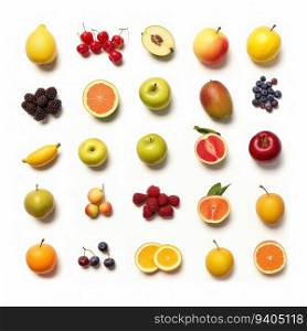 Collage of different fruits isolated on white background. 3d rendering.