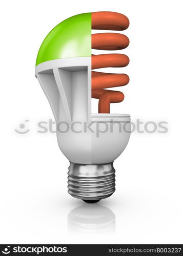 collage of fluorescent and LED bulbs on a white background