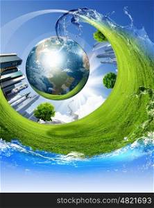 collage of green nature landscape with planet Earth above it