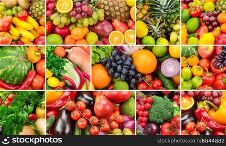 Collage of healthy foods. Fruits and vegetables. Background of useful products. Three photos for skinali.