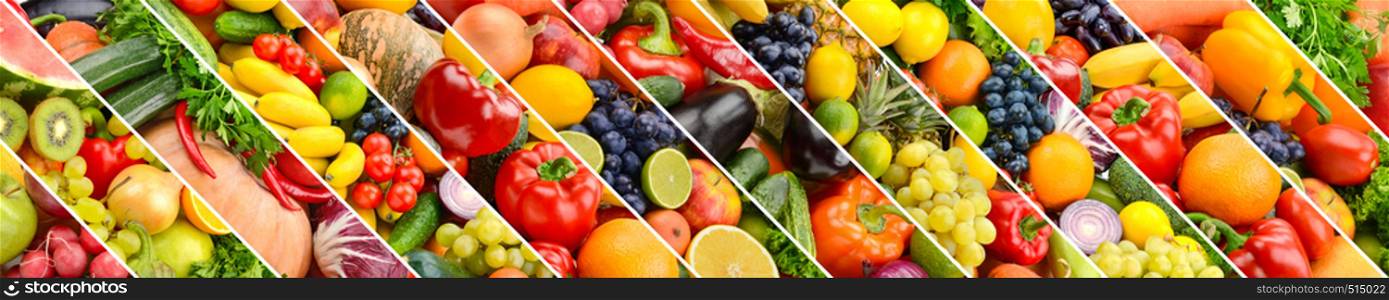 Collage of healthy fruits and vegetables divided oblique white lines
