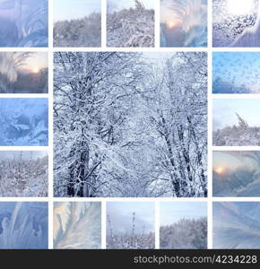 Collage of ice pattern on winter glass and trees under the snow